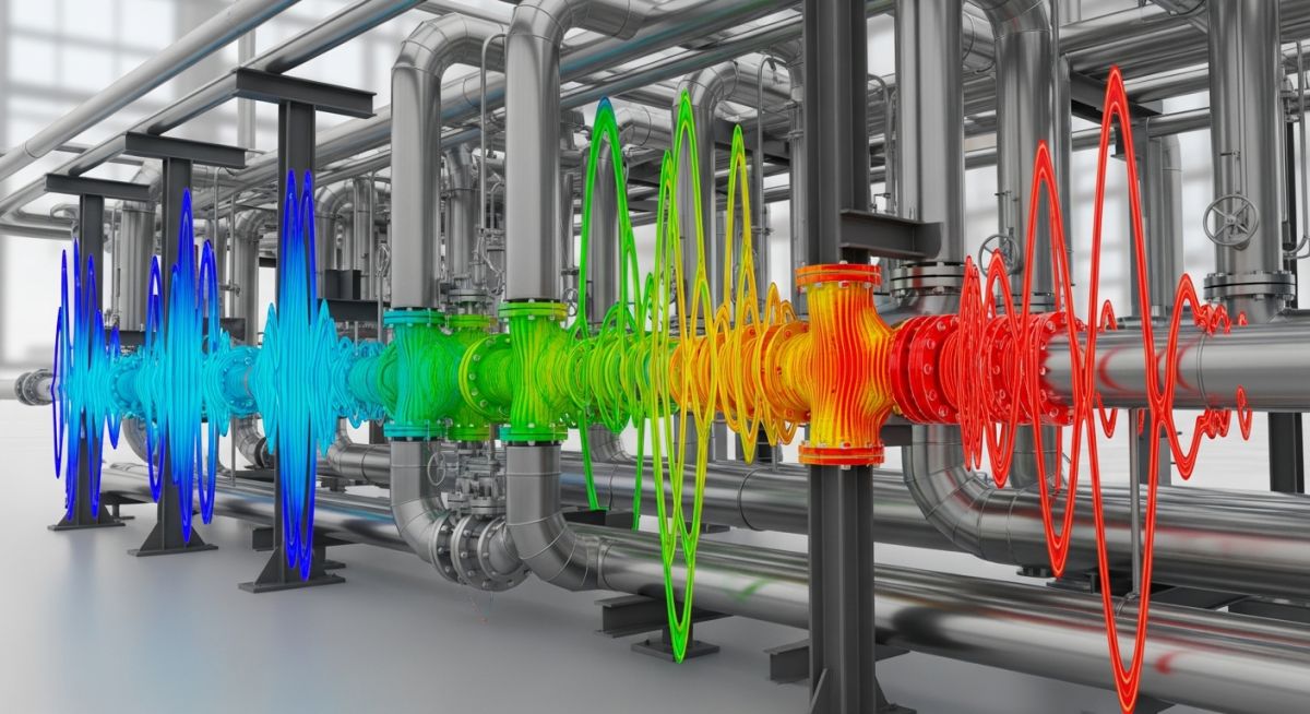 3D FEA model of a piping system showing modal analysis vibration shapes and stress distribution.
