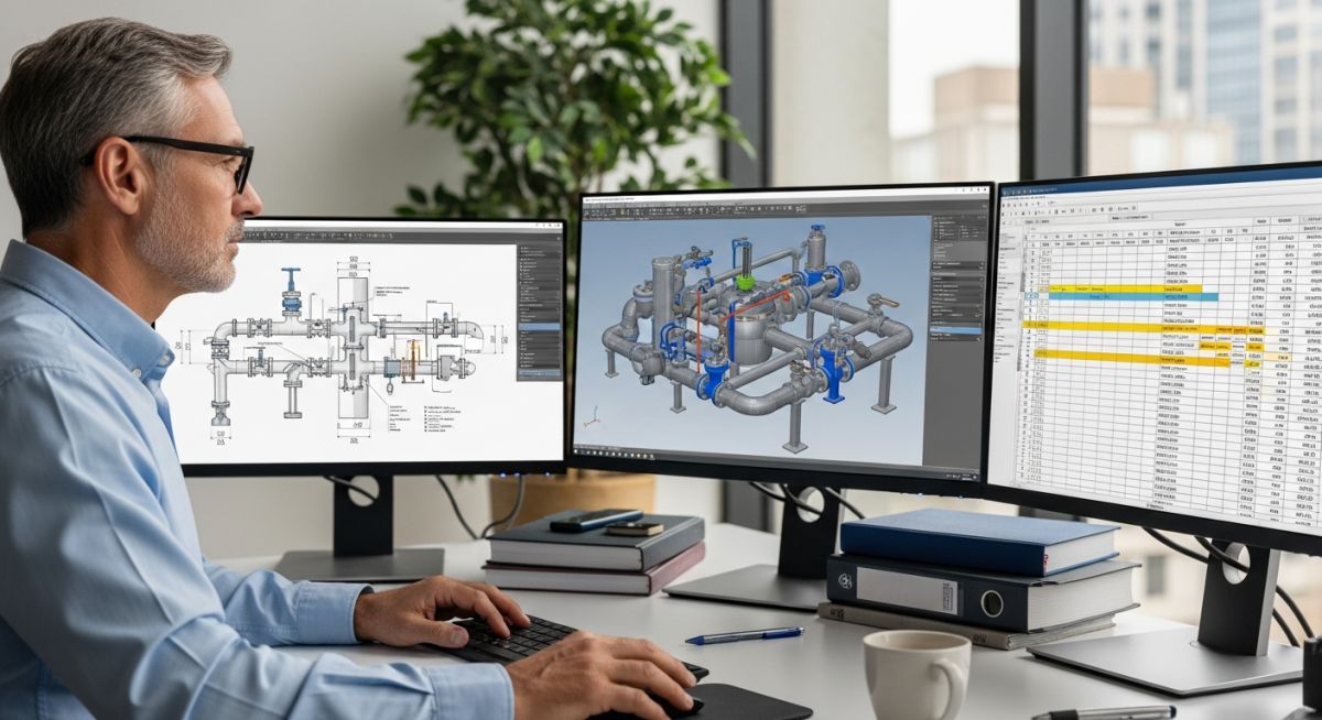 Senior piping engineer analyzing 3D piping models and material take-off spreadsheets in a modern engineering office environment.