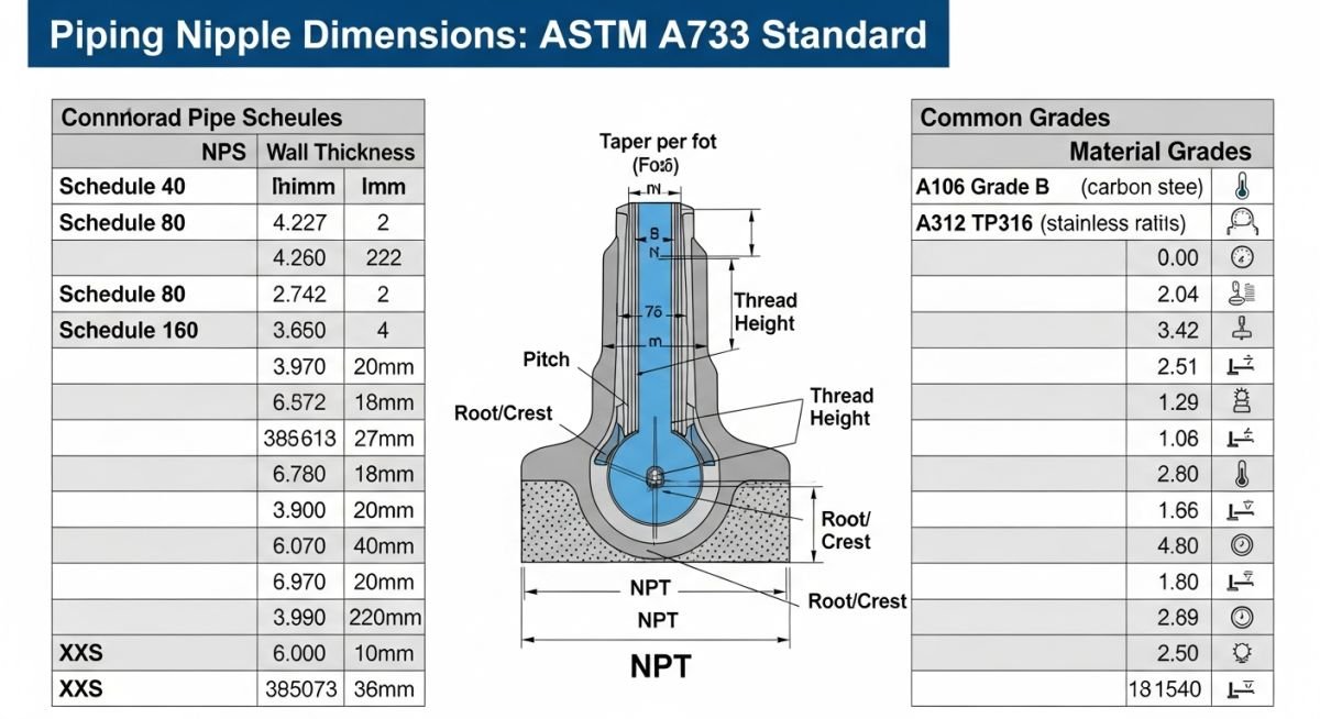 Technical diagram showing thread engagement and nipple length dimensions