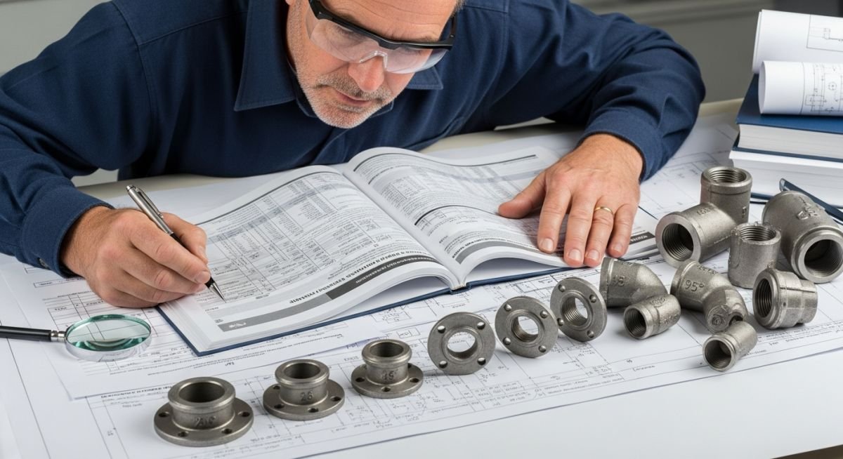 Senior piping engineer reviewing technical documentation for industrial pipes and fittings procurement.