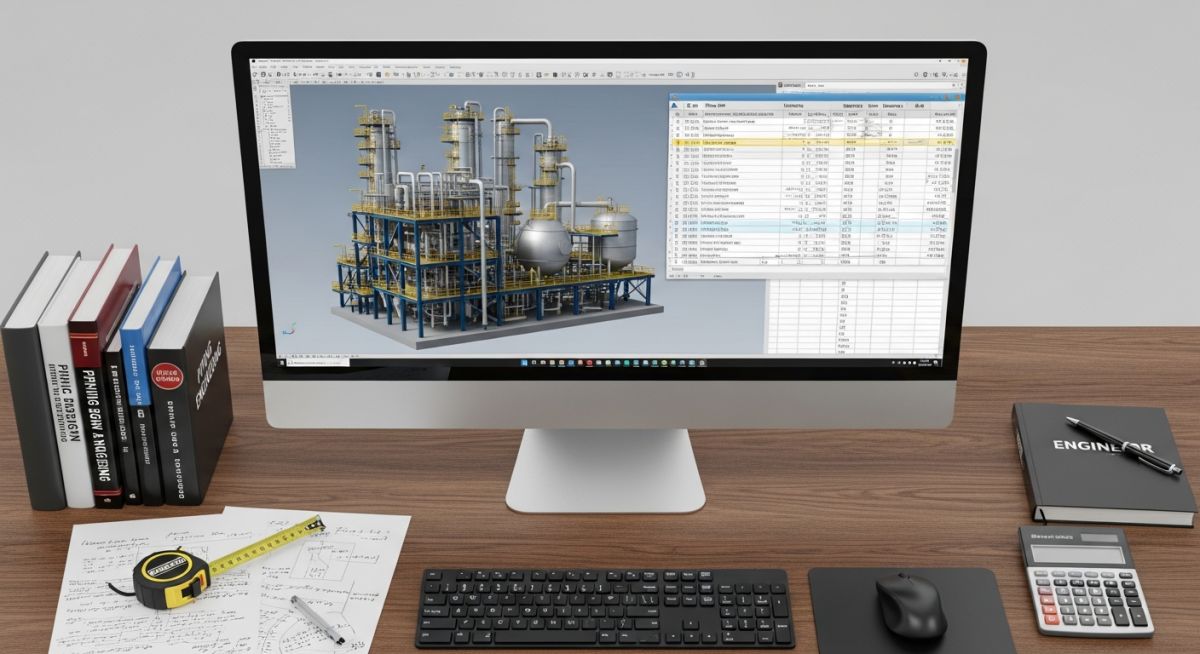 Piping engineer performing a detailed Quantity Take-Off using 3D CAD software and material estimation spreadsheets in a modern office environment.