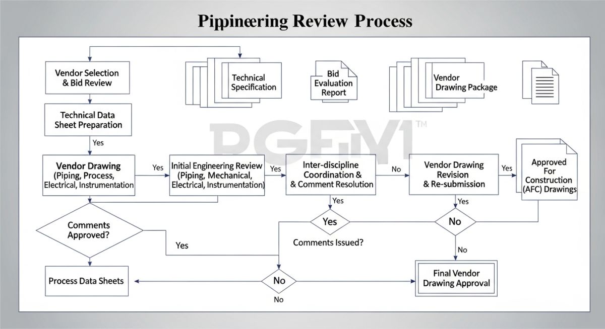 Piping specialty items review flowchart showing engineering validation steps