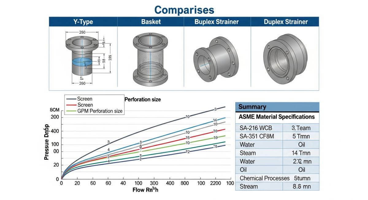 Technical infographic showing internal flow paths of industrial piping strainers