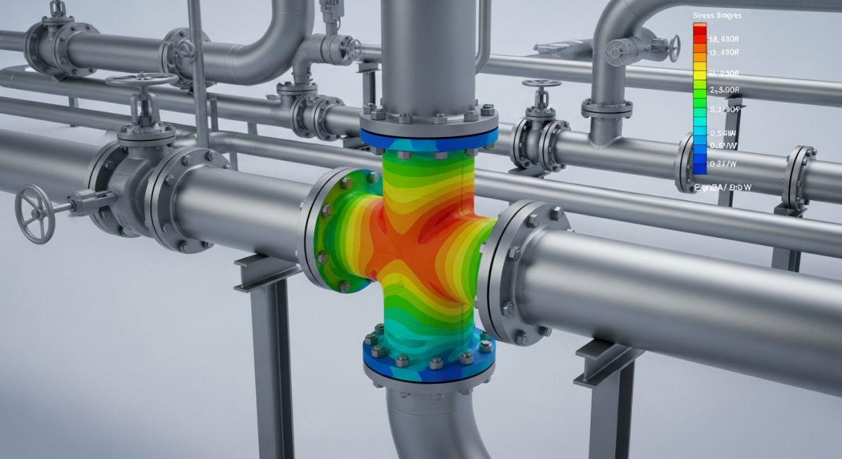 3D piping stress analysis model showing stress distribution at a tee joint using ASME B31J.