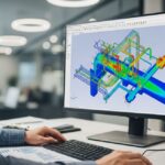 Piping stress engineer analyzing 3D piping model on computer screen for stress analysis