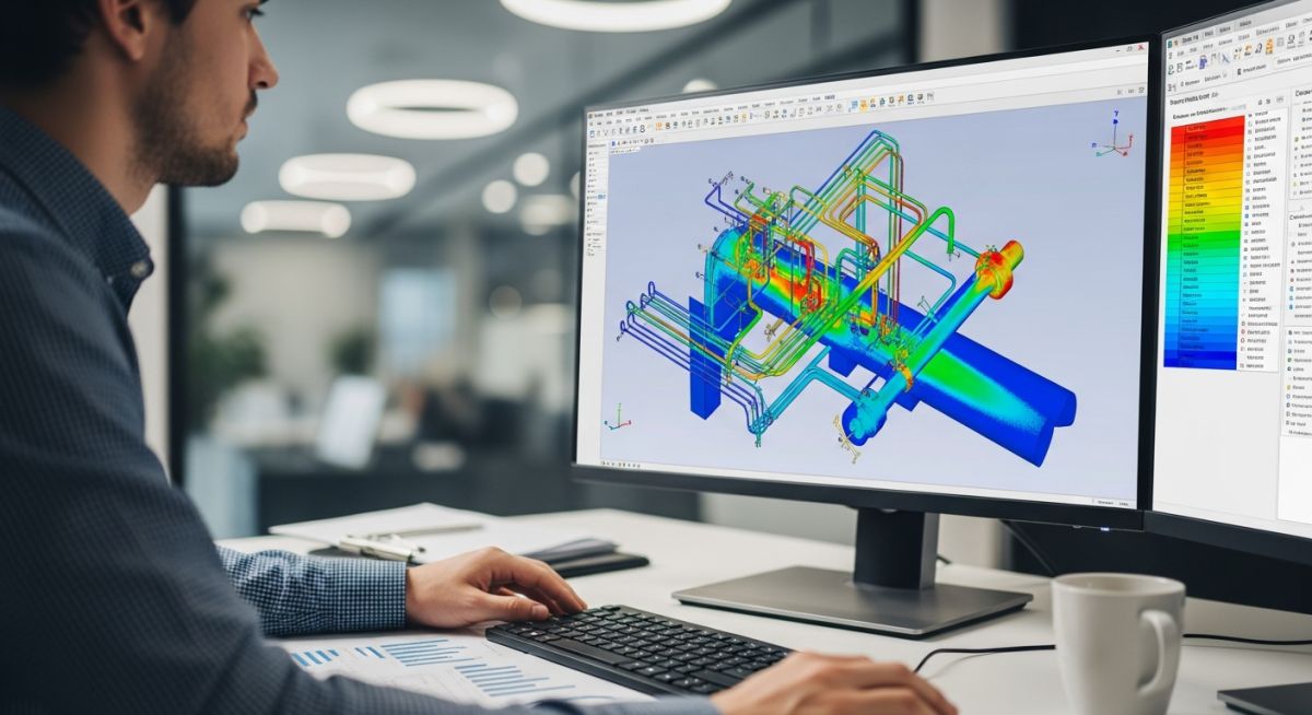 Piping stress engineer analyzing 3D piping model on computer screen for stress analysis