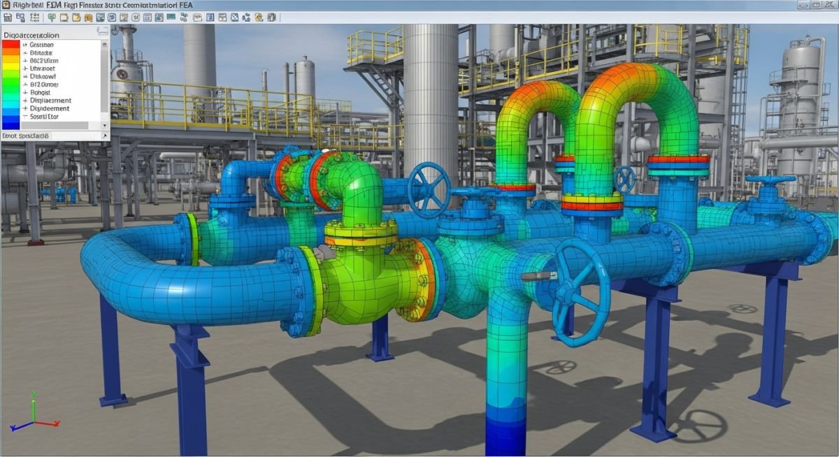 3D finite element piping stress analysis model showing thermal displacement heat maps on a refinery manifold.