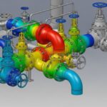 3D CAD model of industrial piping showing stress intensification factor heatmaps at elbows and tees.