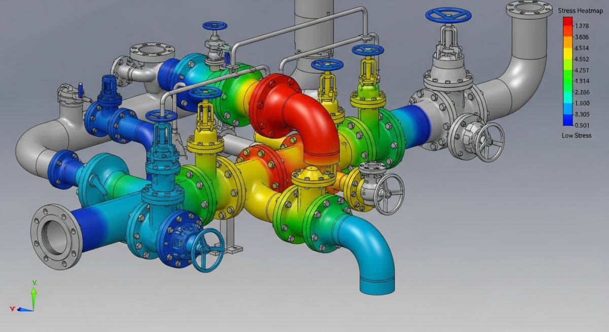 3D CAD model of industrial piping showing stress intensification factor heatmaps at elbows and tees.