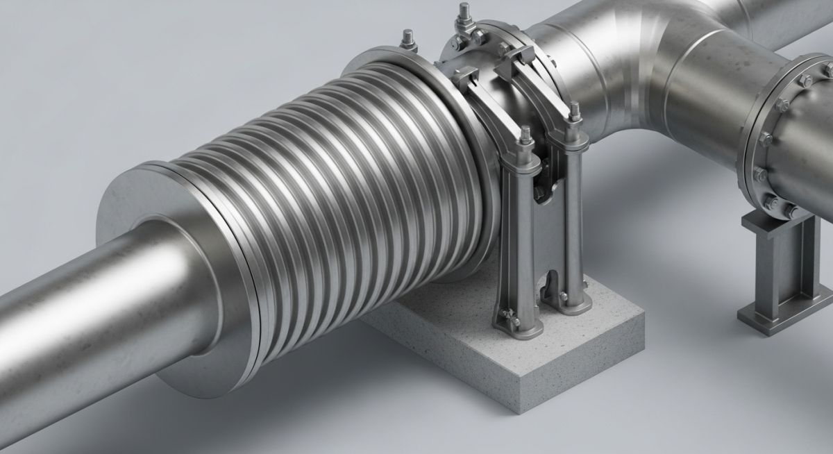 3D engineering model of a piping system with an expansion bellow showing anchor and guide placement for thermal expansion control.