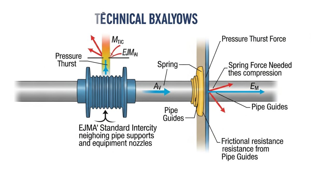 Technical diagram showing pressure thrust forces and anchor placement for expansion bellows