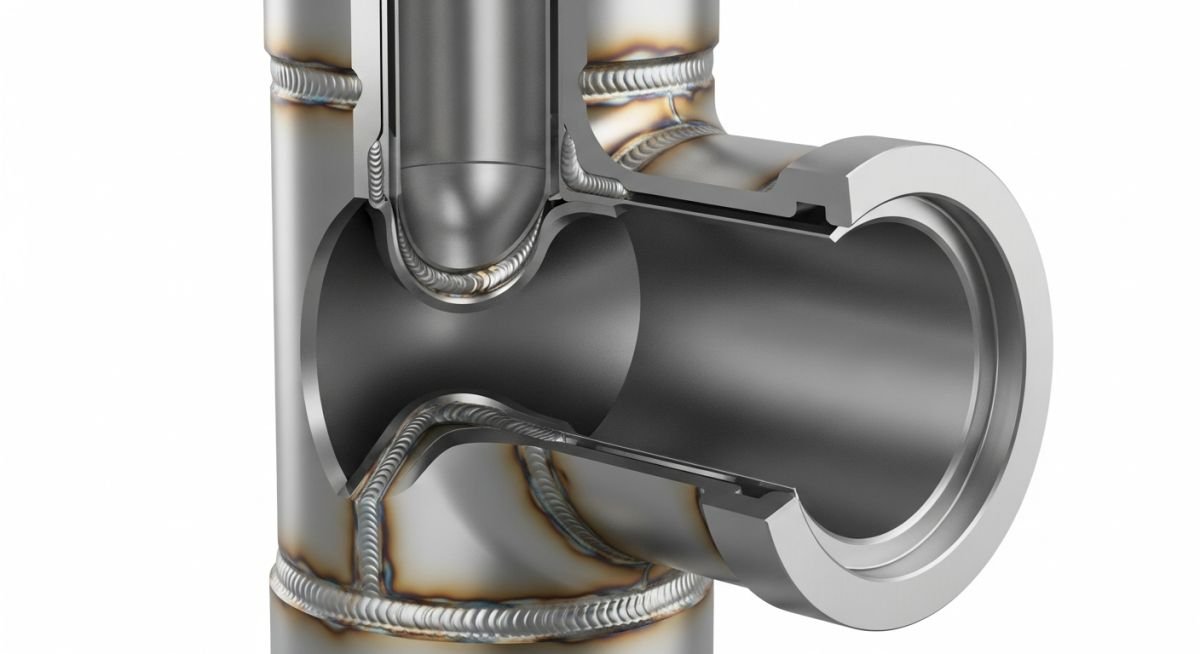 3D cross-section view of a butt-welded piping tee showing branch connection and weld bevels for industrial piping systems.