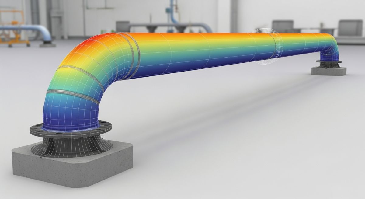 3D engineering visualization of a large diameter process pipe experiencing thermal bowing and curvature due to temperature differentials.