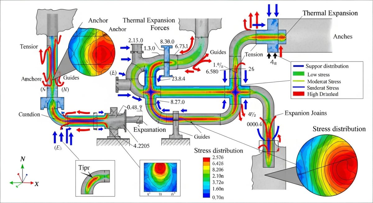 Piping thermal expansion stress diagram and support configuration