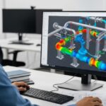 Engineer analyzing piping vibration stress and frequency response on a computer screen