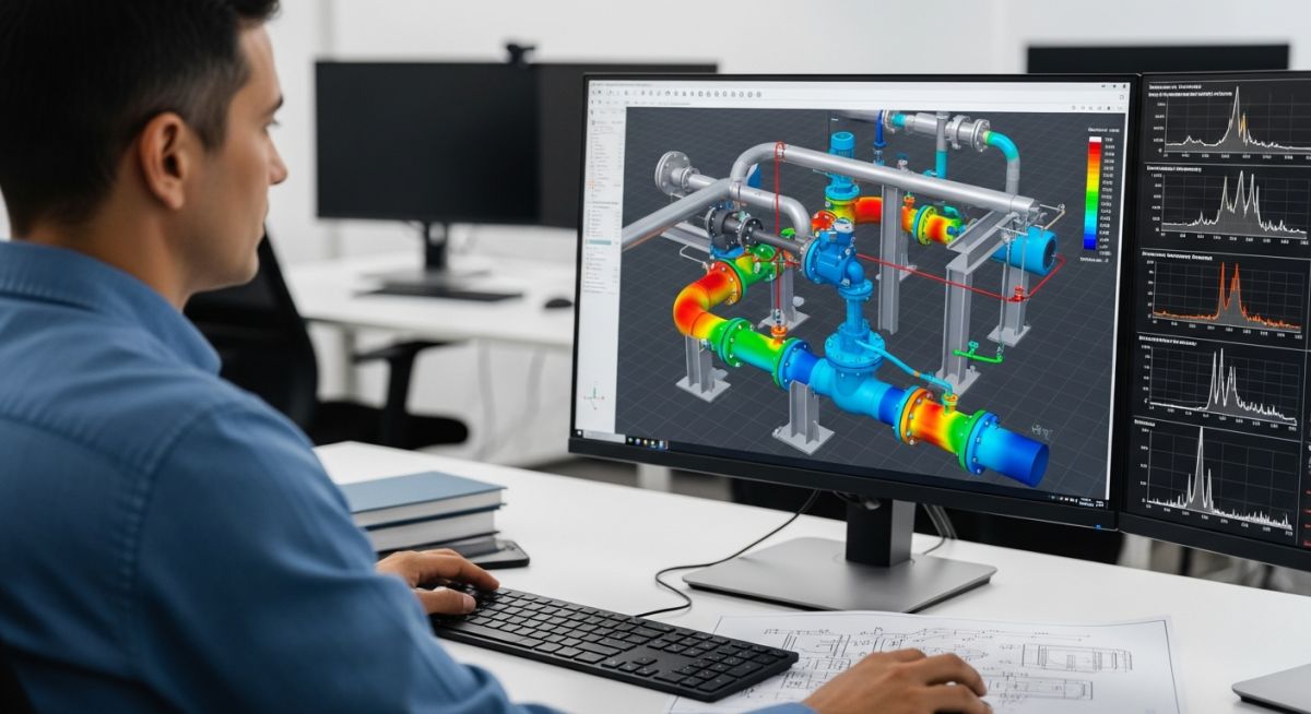 Engineer analyzing piping vibration stress and frequency response on a computer screen