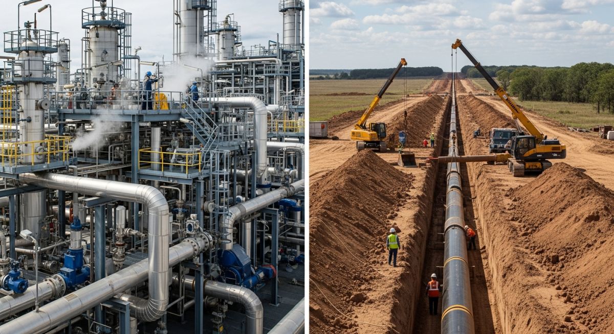 Split-screen comparison of industrial plant piping and cross-country pipeline construction.