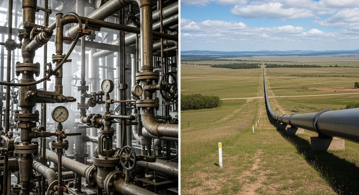 Side-by-side comparison of complex industrial plant piping and a long-distance cross-country pipeline.
