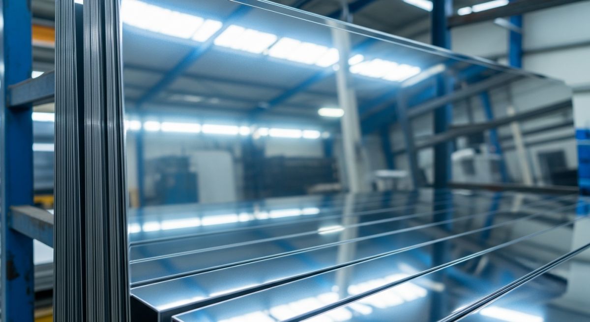 Polished austenitic stainless steel sheets reflecting light in a manufacturing plant, showcasing the material's corrosion resistance.