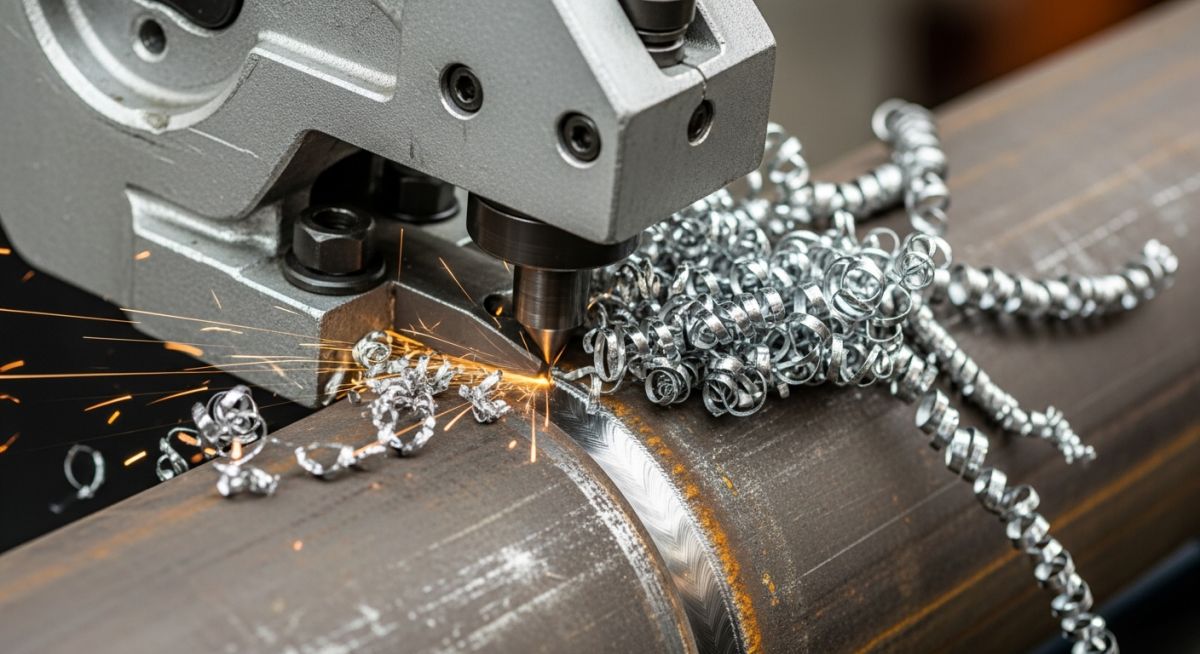 Portable ID-mount pipe bevelling machine cutting a precise weld prep angle on a steel pipe.