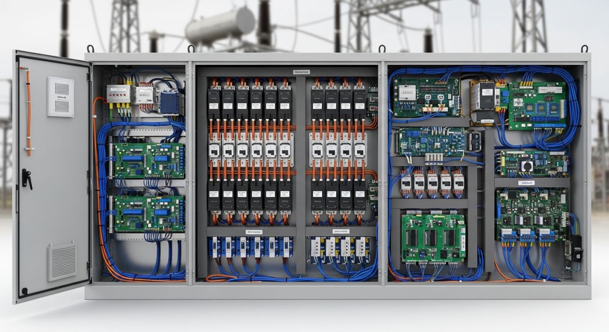 Industrial Power Conversion System cabinet showing internal power electronics and control modules for grid-scale energy storage.