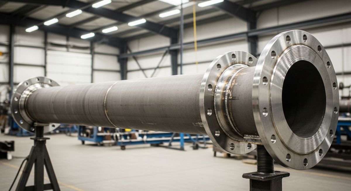 A prefabricated steel pipe spool with welded flanges in an industrial fabrication workshop.