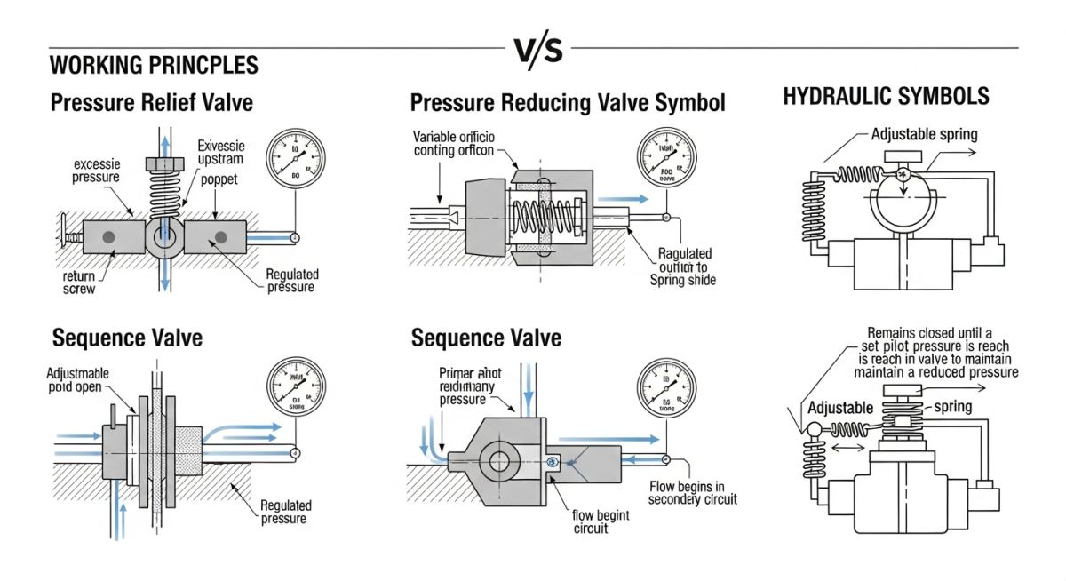 Technical diagram showing different types of pressure control valves including relief, reducing, and bypass