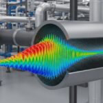 3D visualization of a pressure surge wave front propagating through an industrial steel pipeline during a rapid valve closure event.