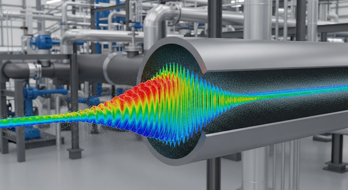 3D visualization of a pressure surge wave front propagating through an industrial steel pipeline during a rapid valve closure event.