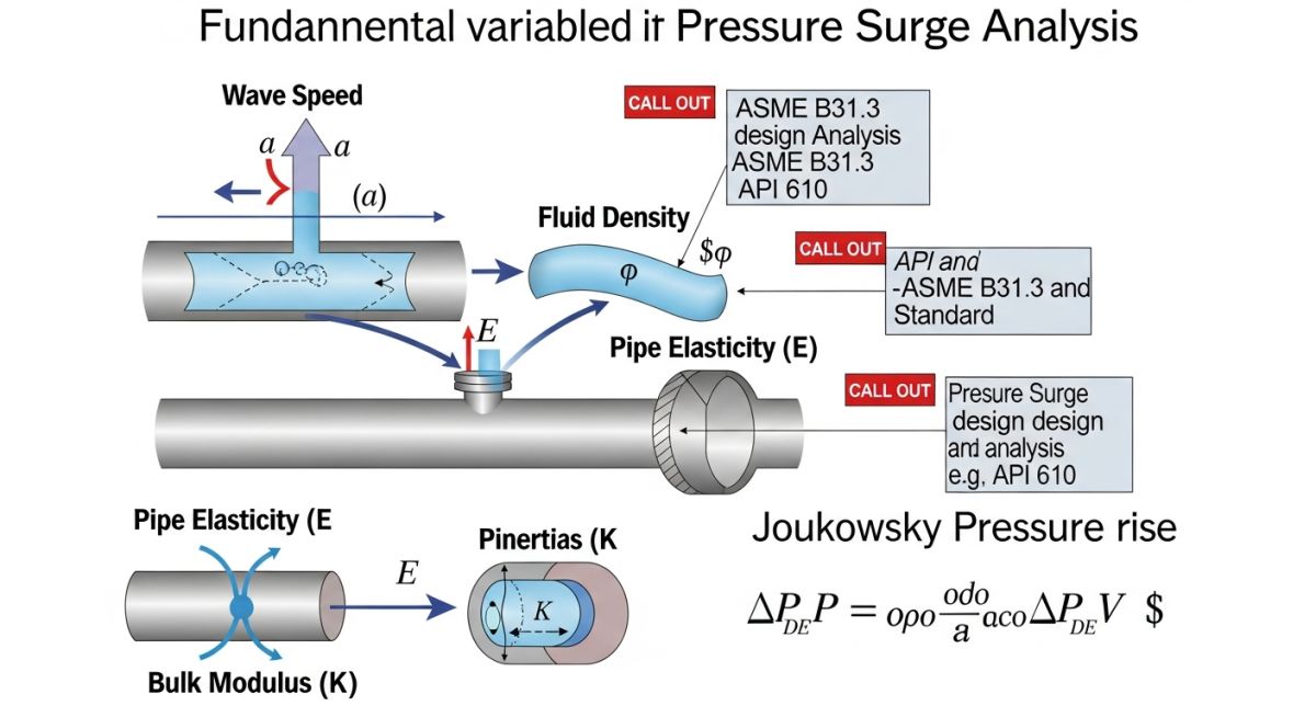 Diagram showing pressure wave propagation and the Joukowsky equation components