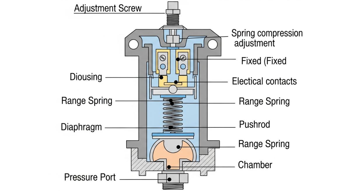 Internal components diagram of an industrial pressure switch