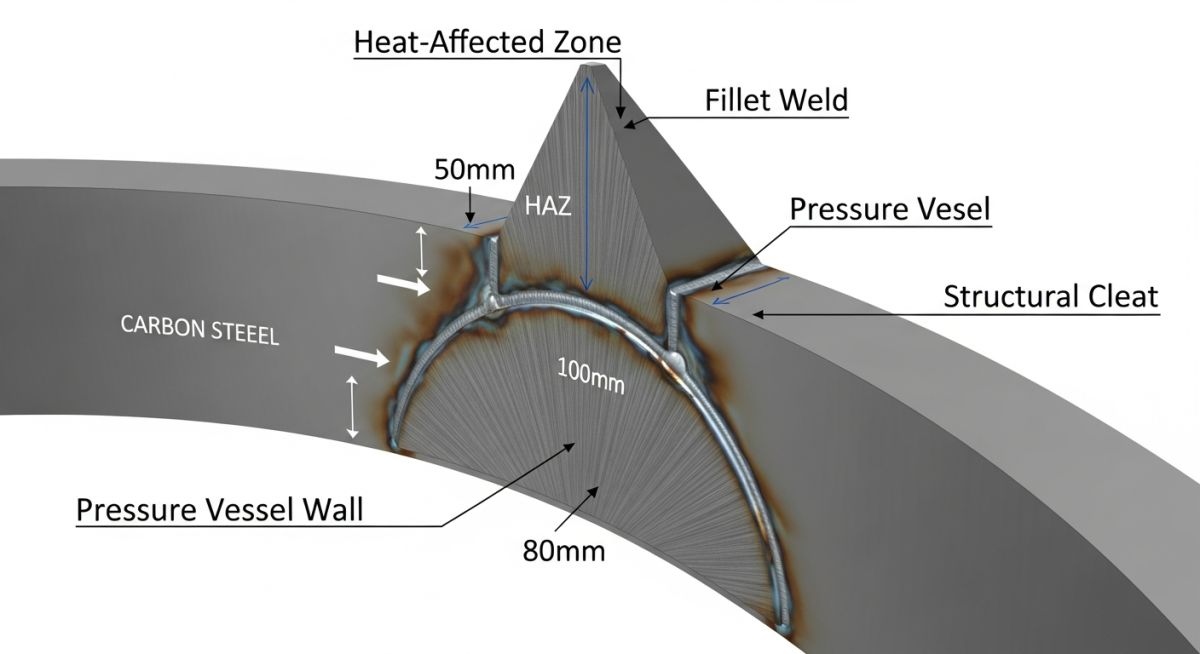 Detailed 3D engineering render showing a structural cleat welded to a pressure vessel shell with clear weld profile indicators.