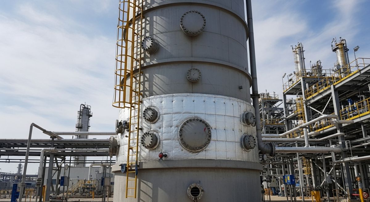 Industrial vertical pressure vessel showing shell construction and nozzle connections in a refinery setting.