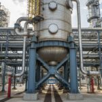 Large vertical industrial pressure vessel showing nozzle connections and structural support skirt in a refinery setting.