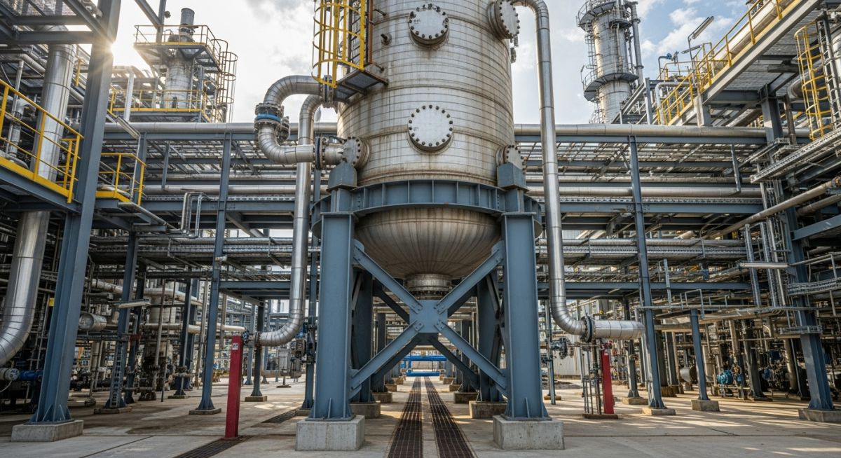 Large vertical industrial pressure vessel showing nozzle connections and structural support skirt in a refinery setting.