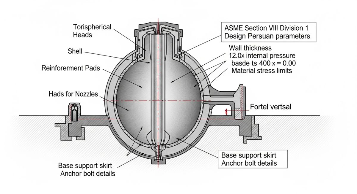 Diagram showing pressure vessel shell thickness and nozzle reinforcement zones