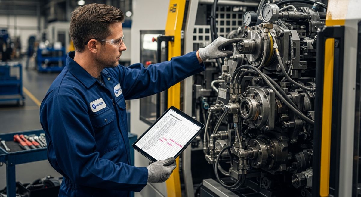 Industrial technician performing scheduled preventive maintenance on manufacturing machinery using a digital tablet.