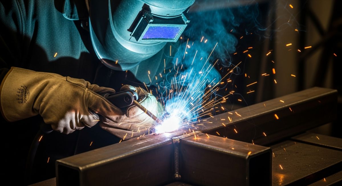 Professional welder performing a fillet weld on a steel T-joint with visible sparks