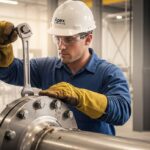 Professional pipefitter in safety gear aligning a large steel pipe flange in an industrial facility