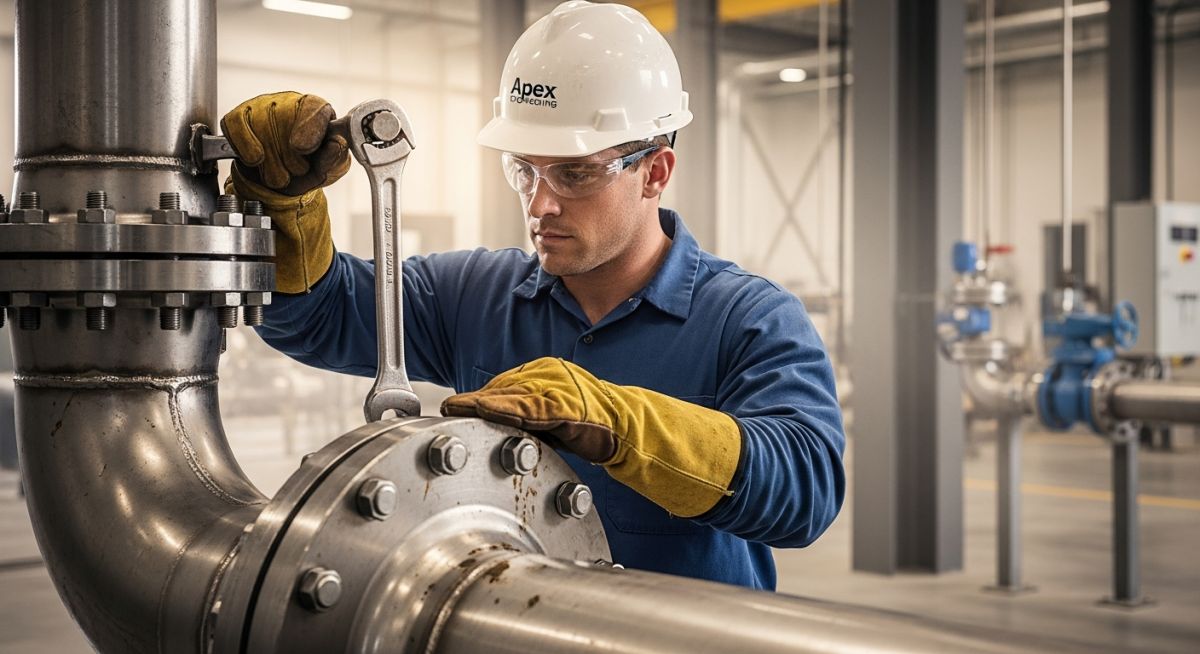 Professional pipefitter in safety gear aligning a large steel pipe flange in an industrial facility