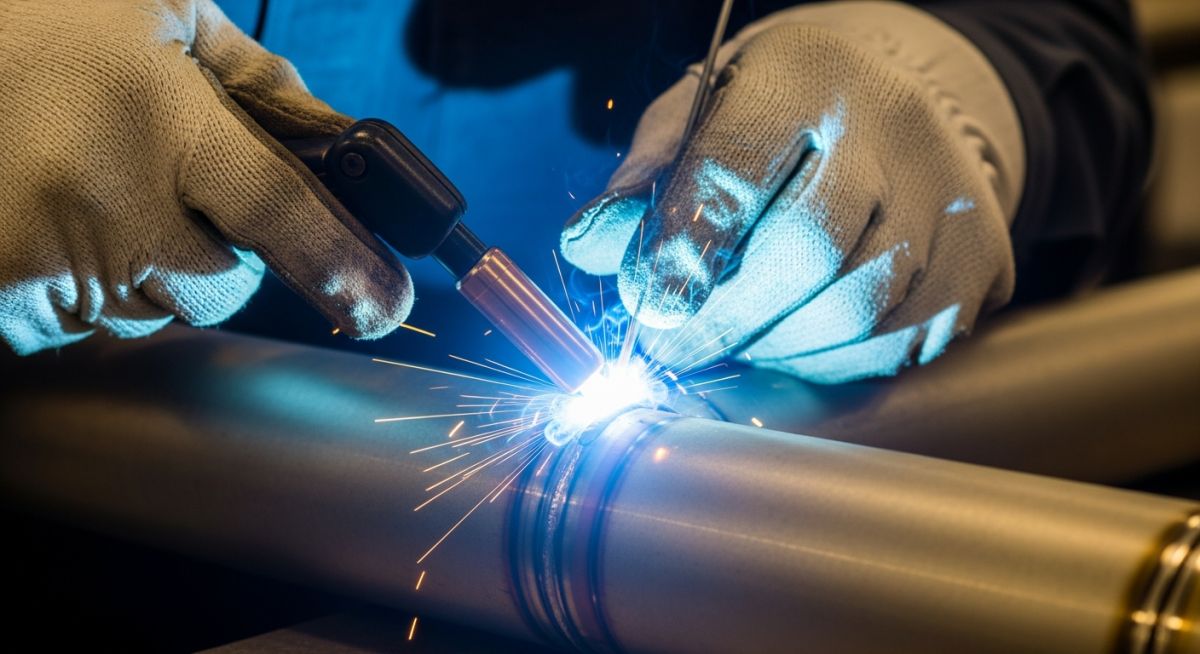 Professional welder performing TIG welding on a stainless steel pipe with a bright blue arc