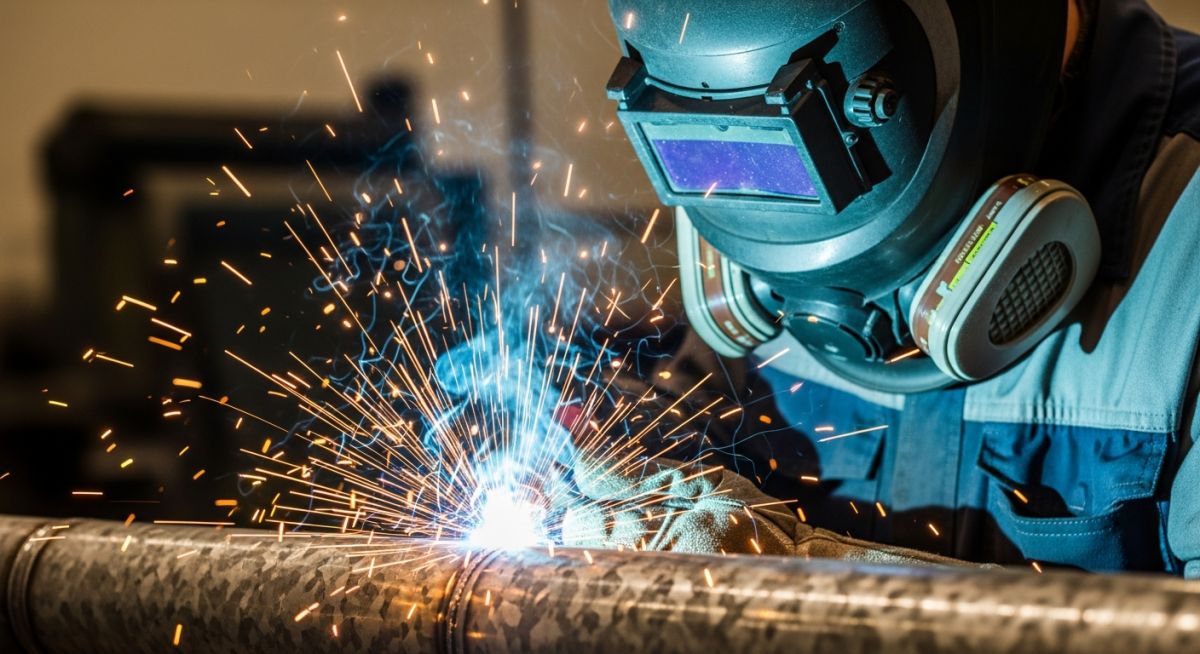 Professional welder wearing a respirator while welding galvanized steel