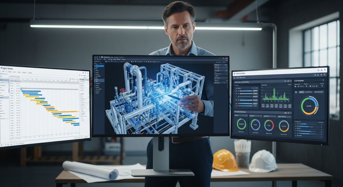Project manager analyzing integrated project controls data on a digital dashboard for industrial piping construction.