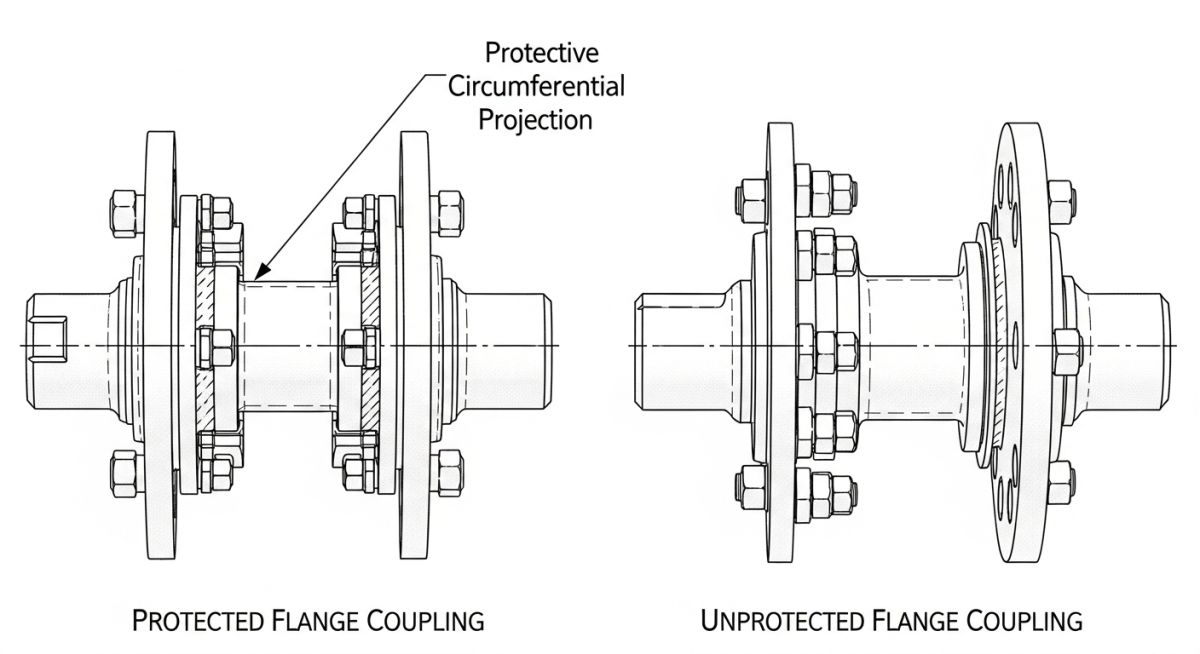 Comparison diagram of protected vs unprotected flange coupling designs