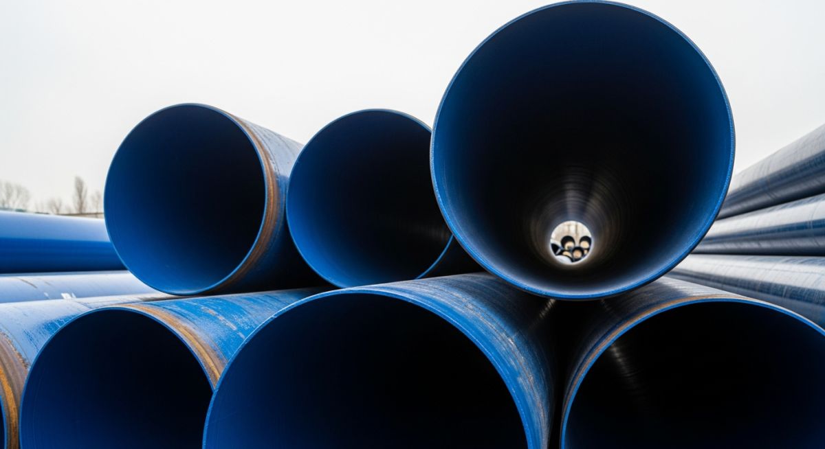 Large-diameter steel pipes with protective blue anti-corrosive epoxy coating stacked in an industrial facility.