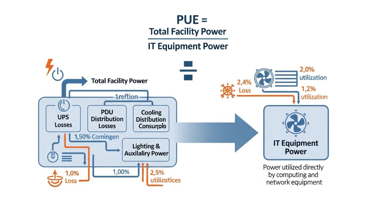 Technical diagram showing PUE calculation points and energy flow