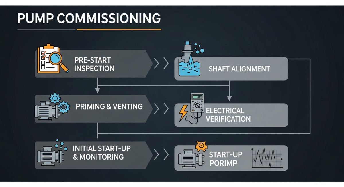 Pump commissioning process flowchart diagram showing pre-start checks and testing phases