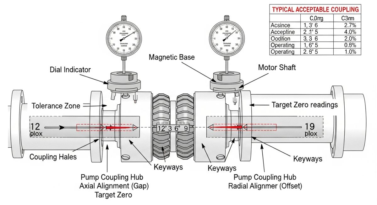 Pump shaft alignment tolerances and dial indicator setup