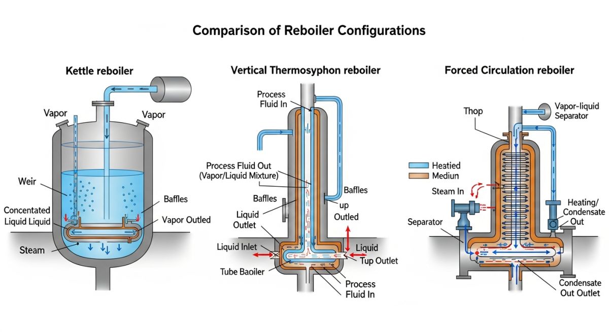 Technical infographic comparing Kettle, Thermosyphon, and Forced Circulation reboiler configurations