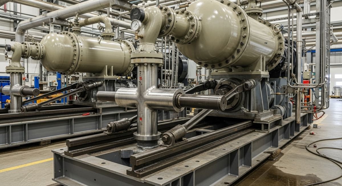 Industrial multi-stage reciprocating compressor skid showing cylinders, pulsation dampeners, and heavy-duty steel frame construction in a refinery setting.